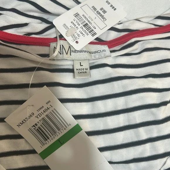 NEIMAN MARCUS BLOUSE WOMEN SZ L SHORT SLEEVE STRIPPED WHITE BLACK W CHERRY NEW - Picture 8 of 9
